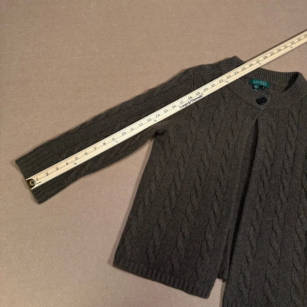 Ralph Lauren Brown Olive Green Wool Cable Knit Cardigan 3/4 Length Sleeve